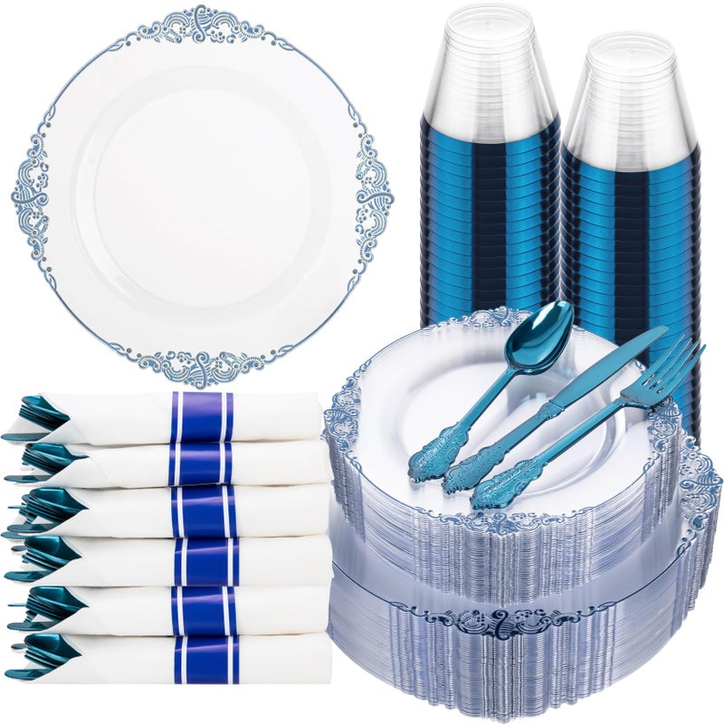 Hioasis 175pcs Clear Blue Plastic Plates Elegant Disposable Dinnerware Set Suitable for 25 Guests Include 1025 Dinner 75 Dessert Plates Pre Rolled Silverware Set Cups for Party Wedding